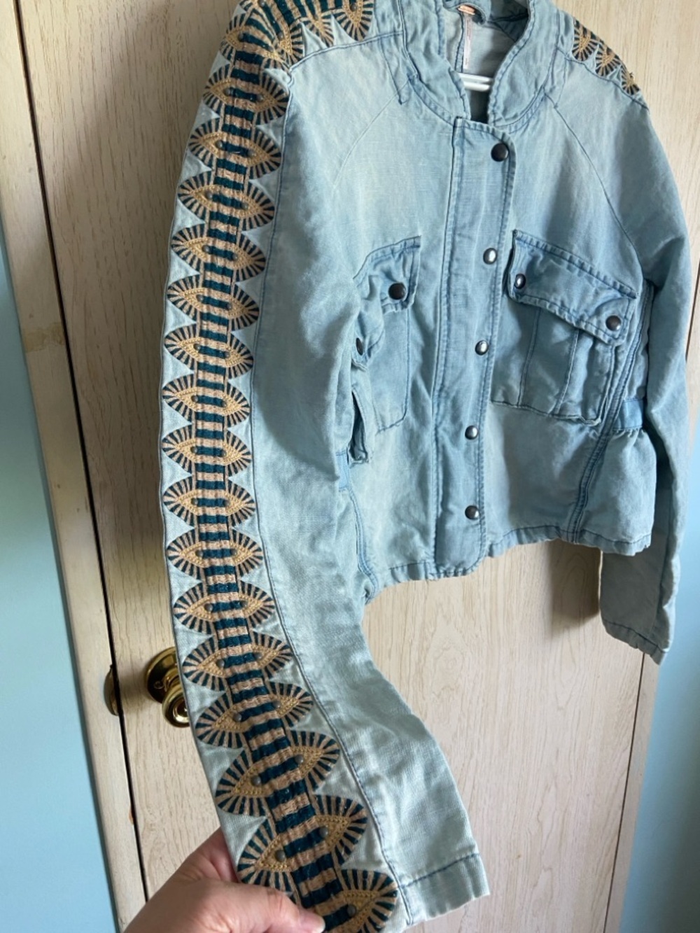 Free People Embroidered Chambray Jacket Womens Large Blue Linen Cotton Blend S - Picture 7 of 14
